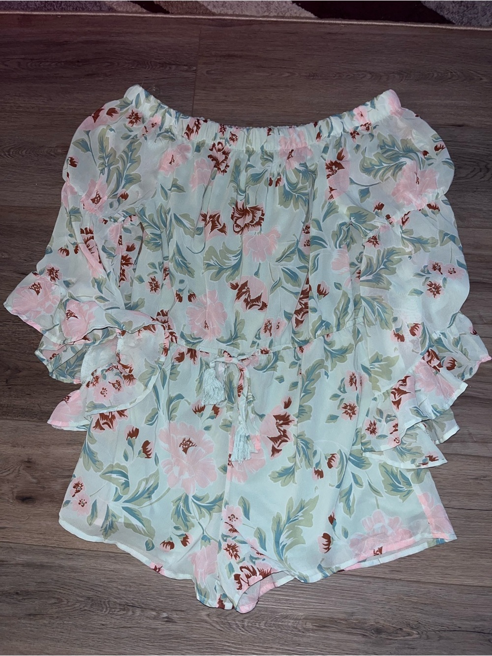 Garage Light Mint Floral Off-Shoulder Romper with Pink Flowers